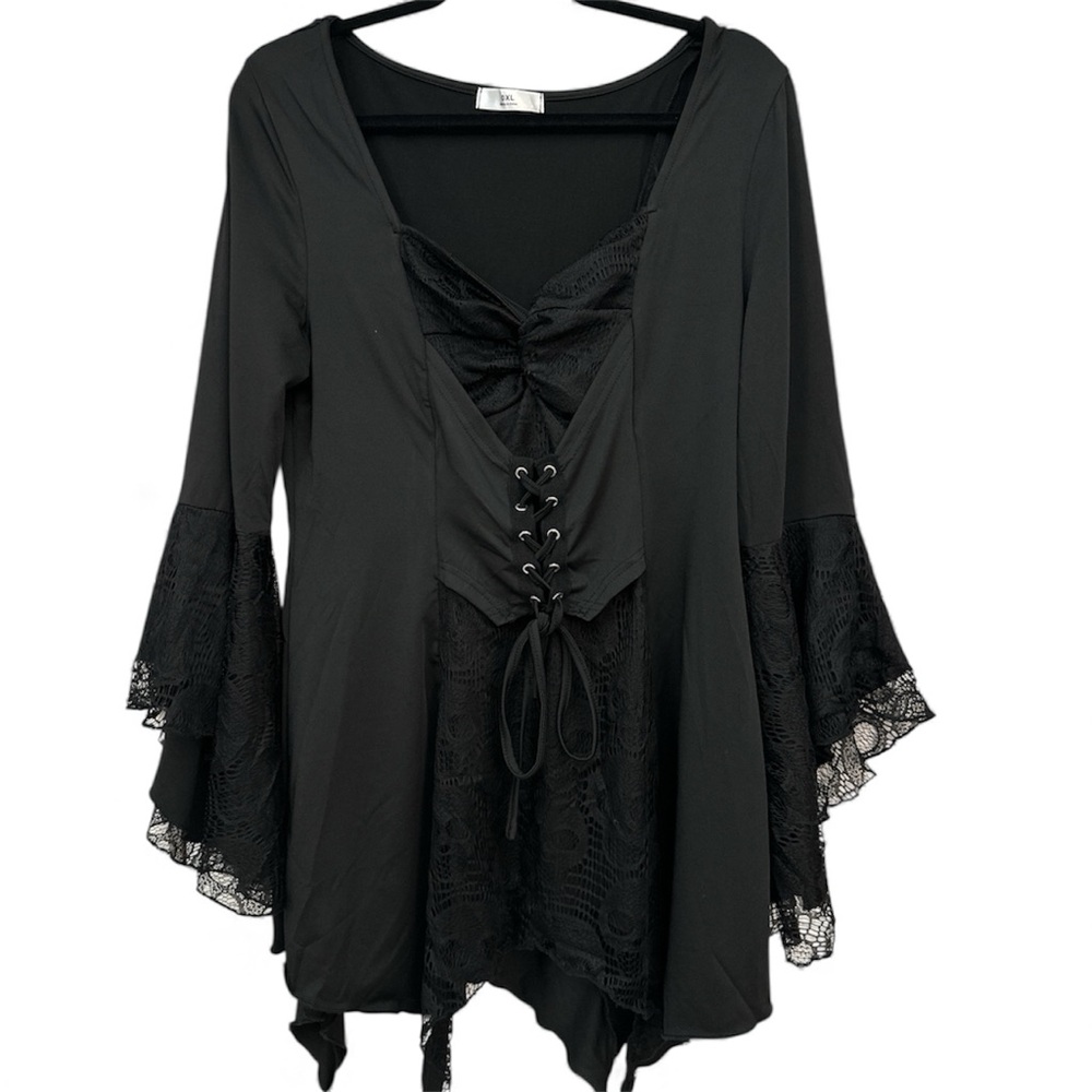 Black Lace-Up Bell Sleeve Tunic